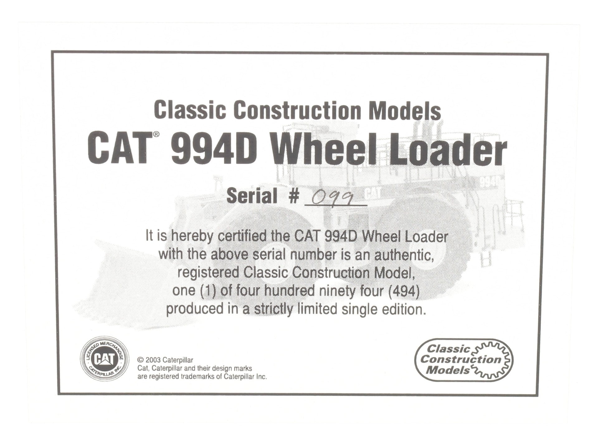 CCM 99 1:87 Scale Diecast CAT 994D Wheel Loader (White) NIB