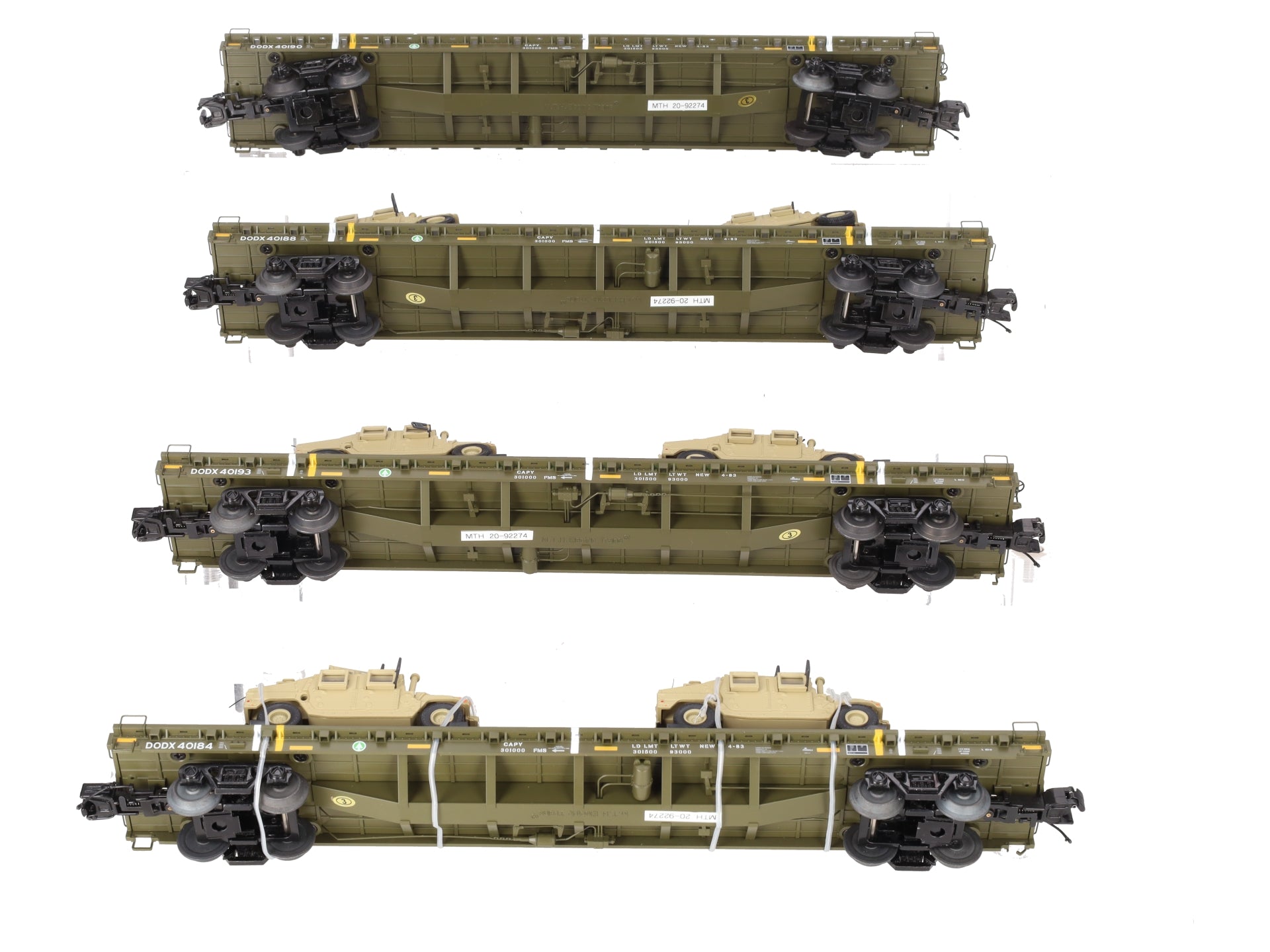 MTH 20-92274 O U.S. Army 4-Car 60' Flat Car Set w/(2) Humvee Vehicles VG/Box
