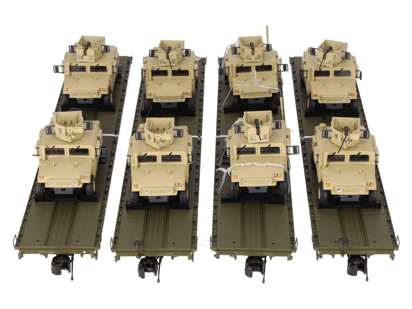 MTH 20-92274 O U.S. Army 4-Car 60' Flat Car Set w/(2) Humvee Vehicles VG/Box