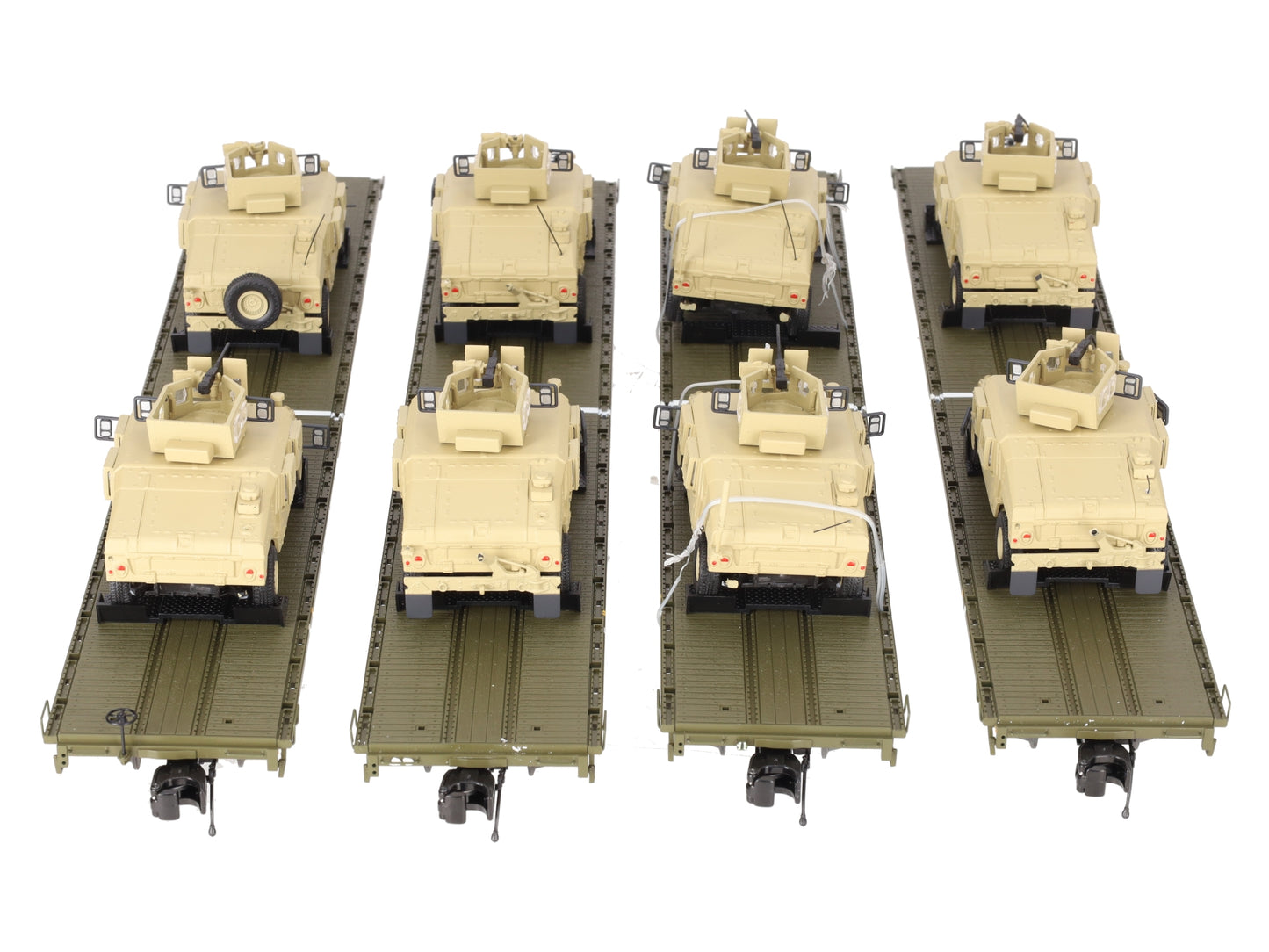 MTH 20-92274 O U.S. Army 4-Car 60' Flat Car Set w/(2) Humvee Vehicles VG/Box