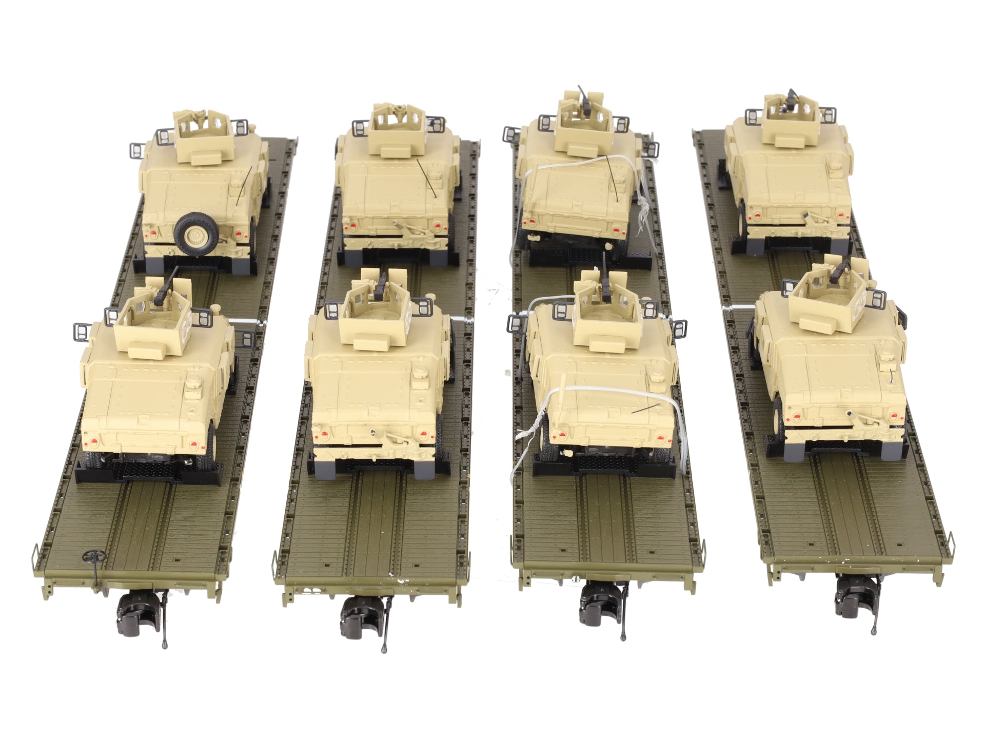 MTH 20-92274 O U.S. Army 4-Car 60' Flat Car Set w/(2) Humvee Vehicles VG/Box
