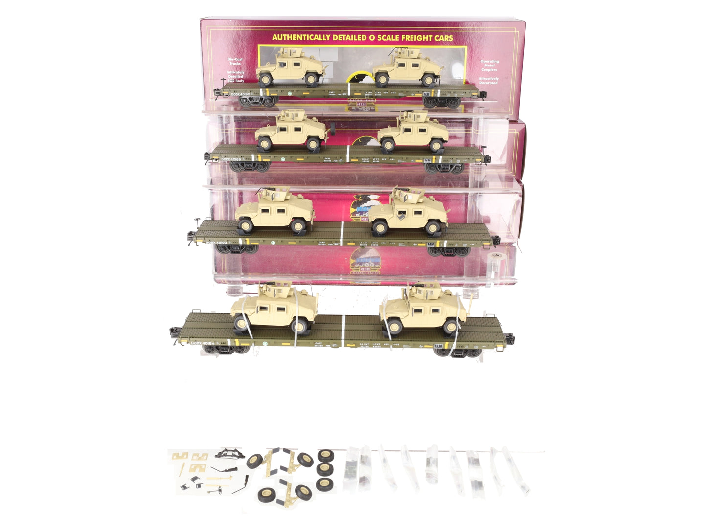 MTH 20-92274 O U.S. Army 4-Car 60' Flat Car Set w/(2) Humvee Vehicles VG/Box