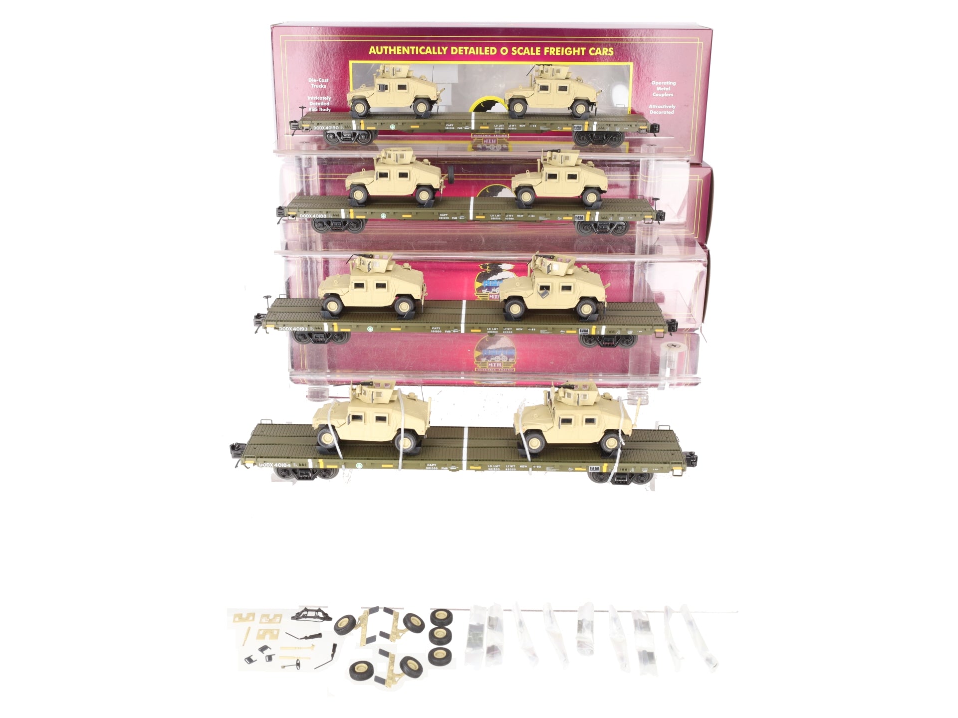MTH 20-92274 O U.S. Army 4-Car 60' Flat Car Set w/(2) Humvee Vehicles VG/Box