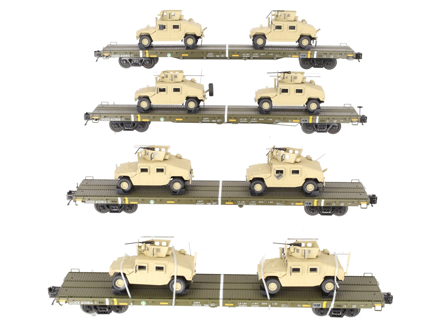MTH 20-92274 O U.S. Army 4-Car 60' Flat Car Set w/(2) Humvee Vehicles VG/Box