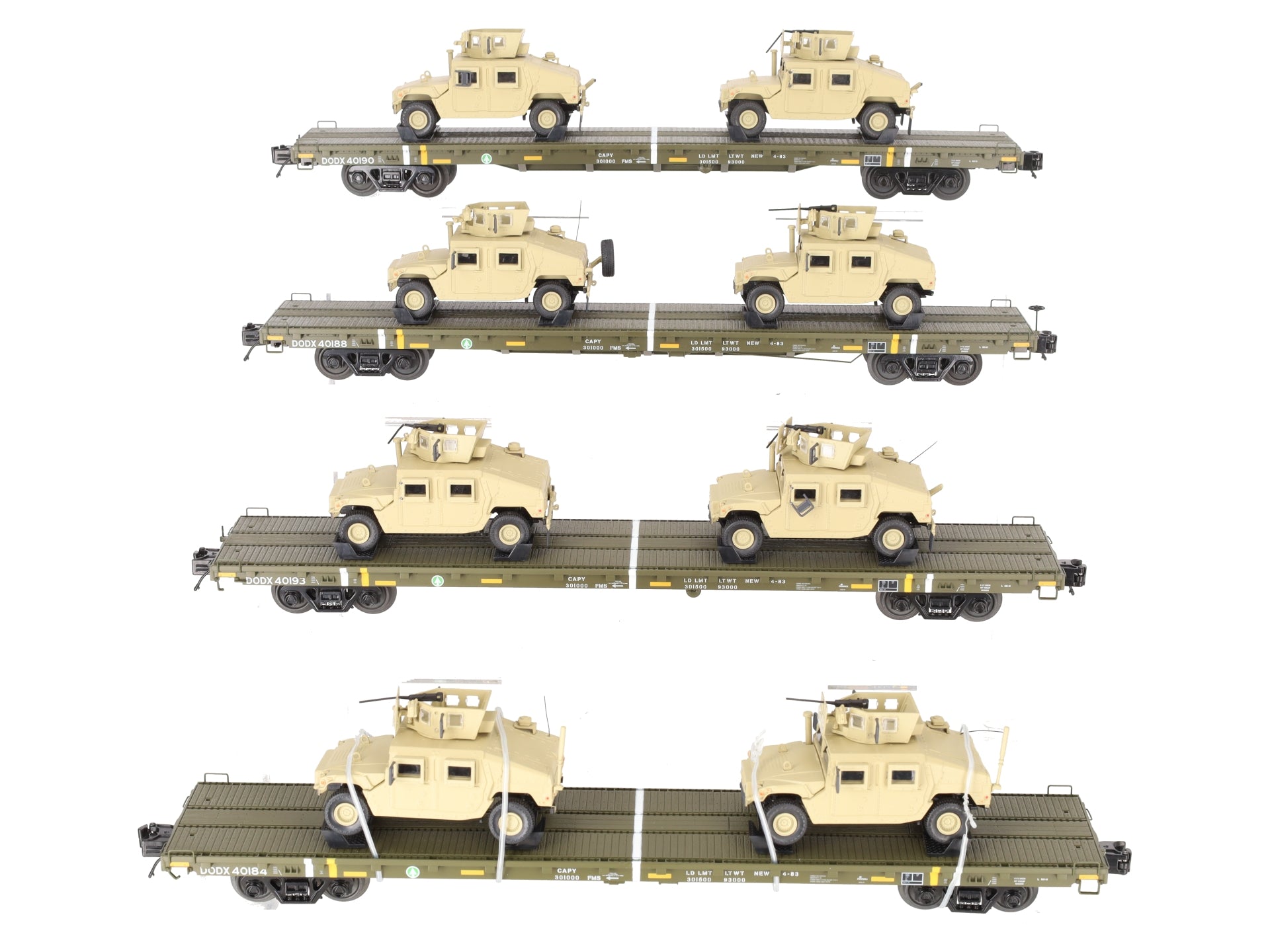 MTH 20-92274 O U.S. Army 4-Car 60' Flat Car Set w/(2) Humvee Vehicles VG/Box