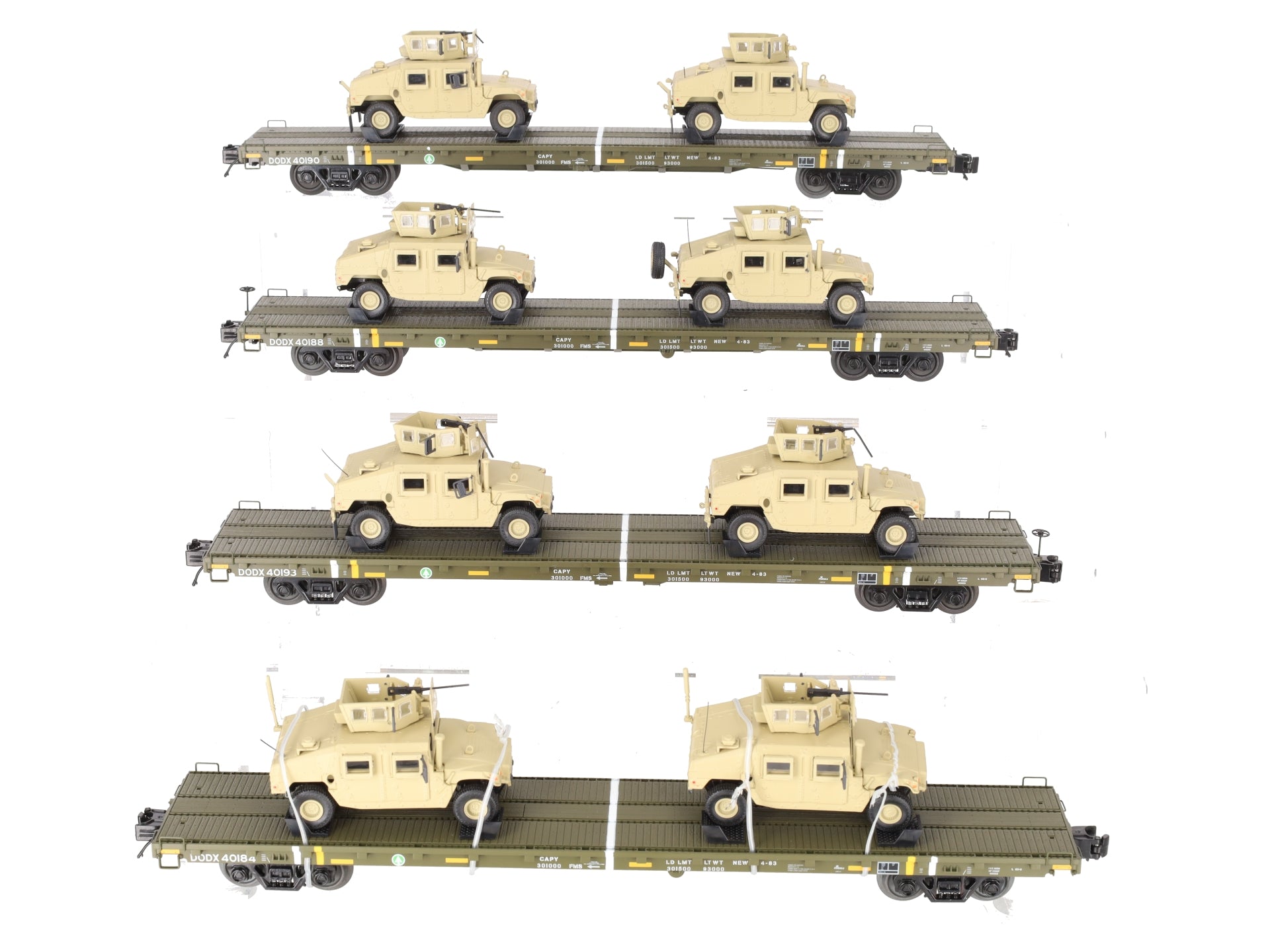 MTH 20-92274 O U.S. Army 4-Car 60' Flat Car Set w/(2) Humvee Vehicles VG/Box