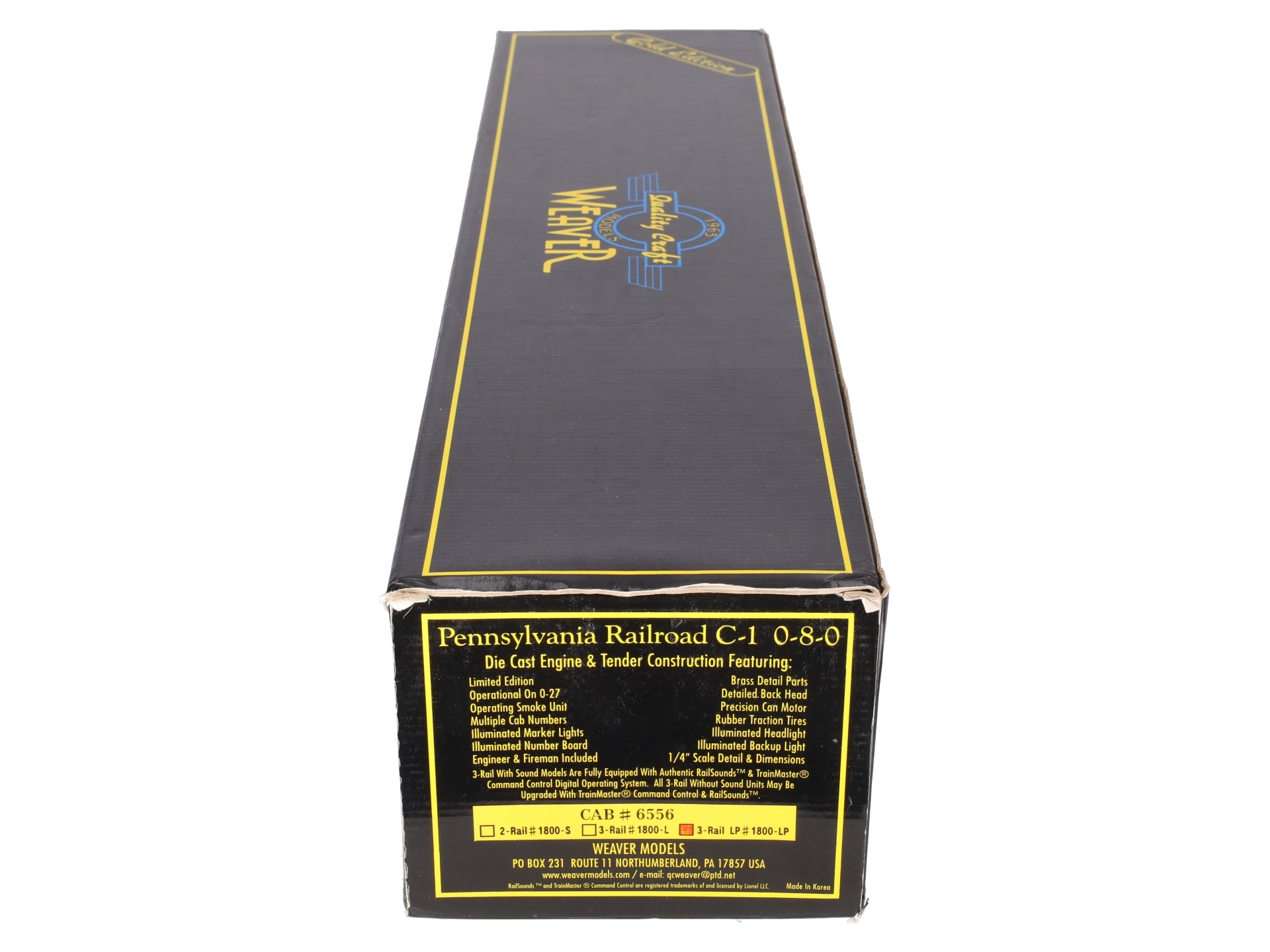 Weaver 1800LP O Pennsylvania 0-8-0 Steam Locomotive and Tender #6556 (3 Rail) EX/Box