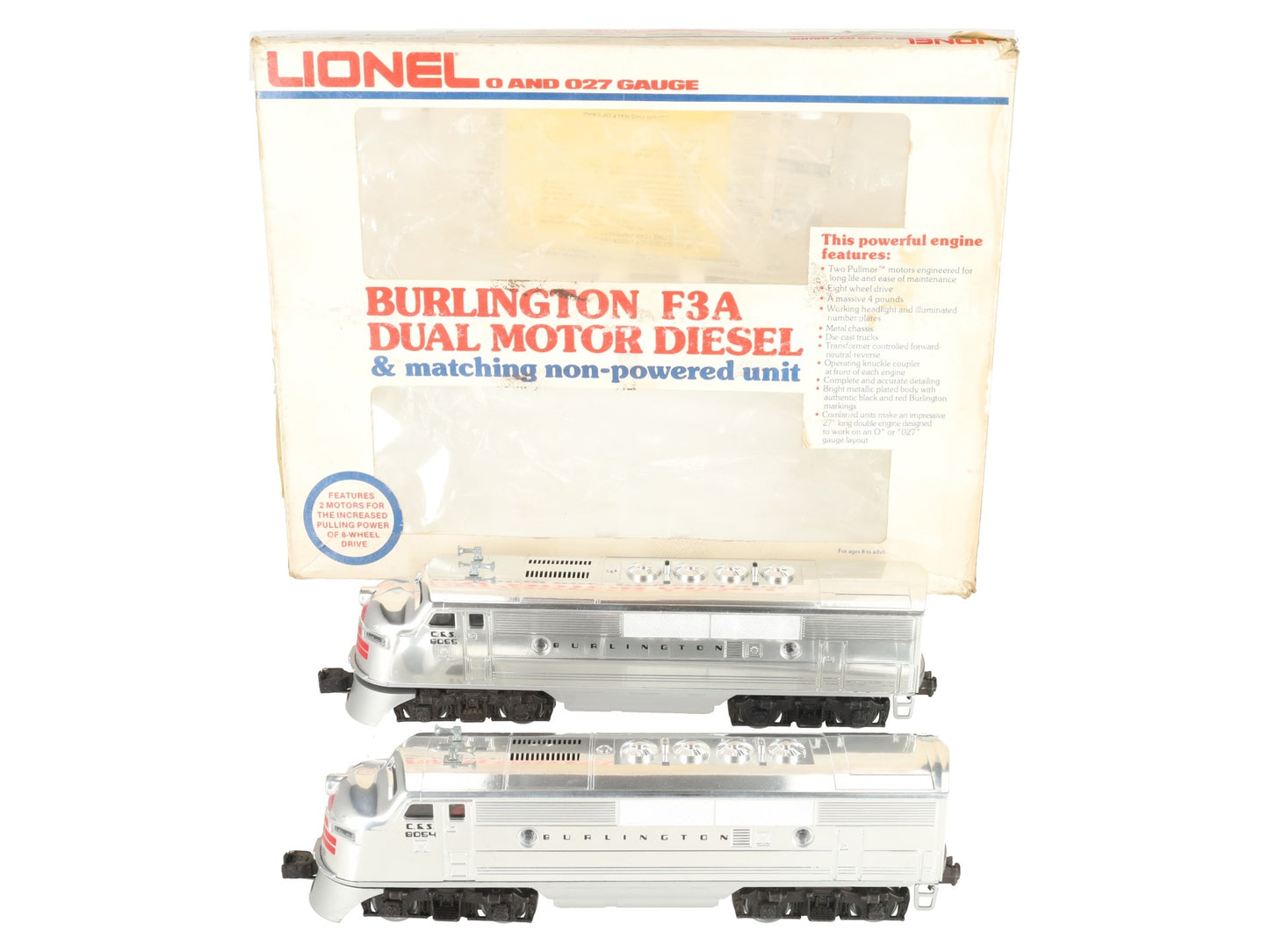 Lionel 6-8054 O Gauge Burlington F-3 AA Chrome Diesel Locomotives #8054/#8055 EX/Box