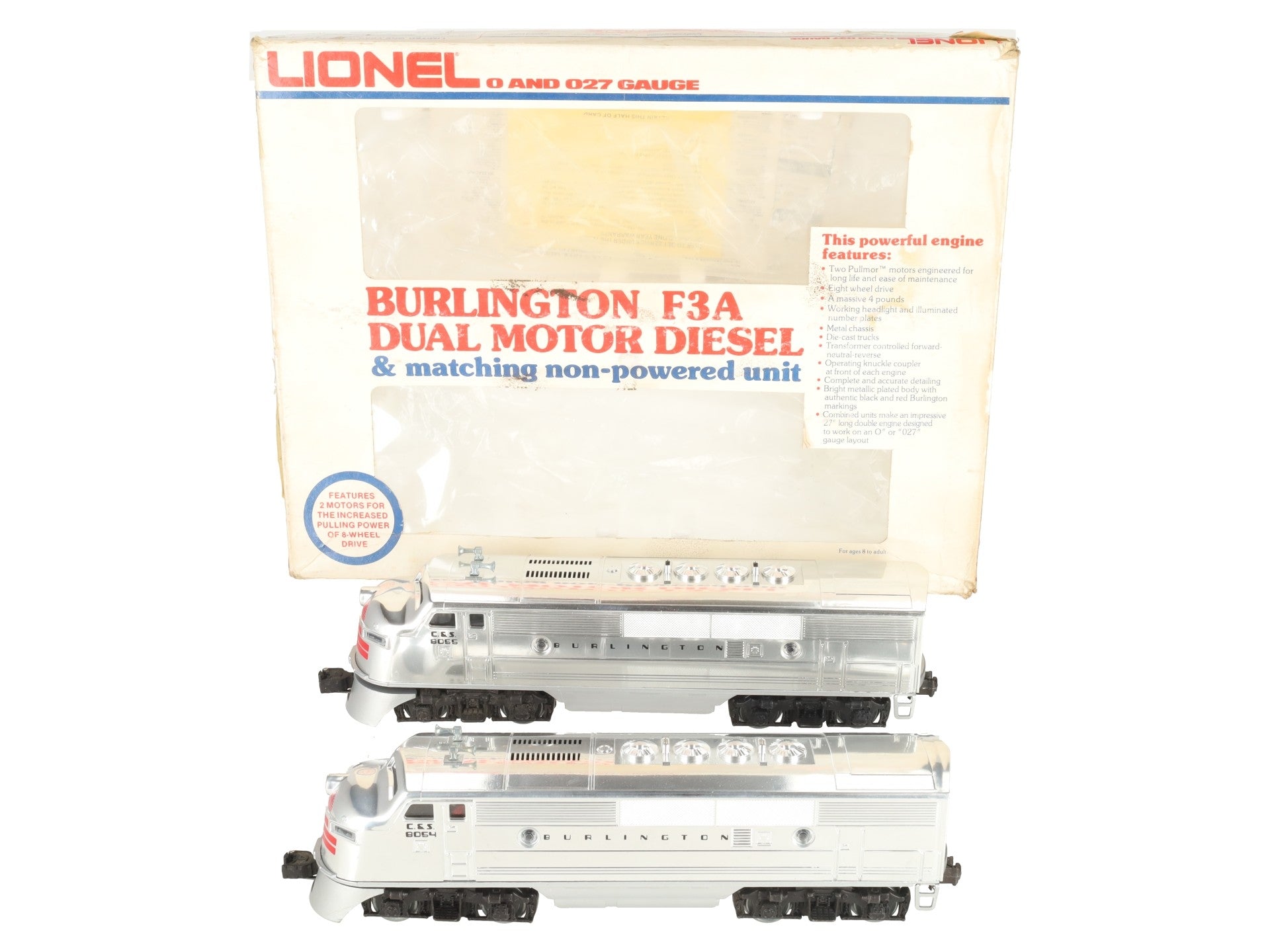 Lionel 6-8054 O Gauge Burlington F-3 AA Chrome Diesel Locomotives #8054/#8055 EX/Box