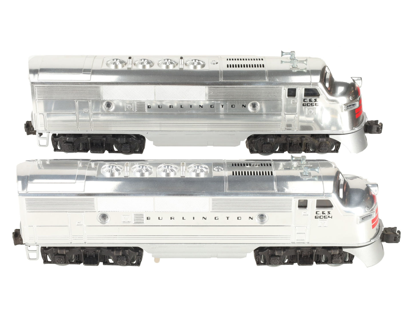 Lionel 6-8054 O Gauge Burlington F-3 AA Chrome Diesel Locomotives #8054/#8055 EX/Box