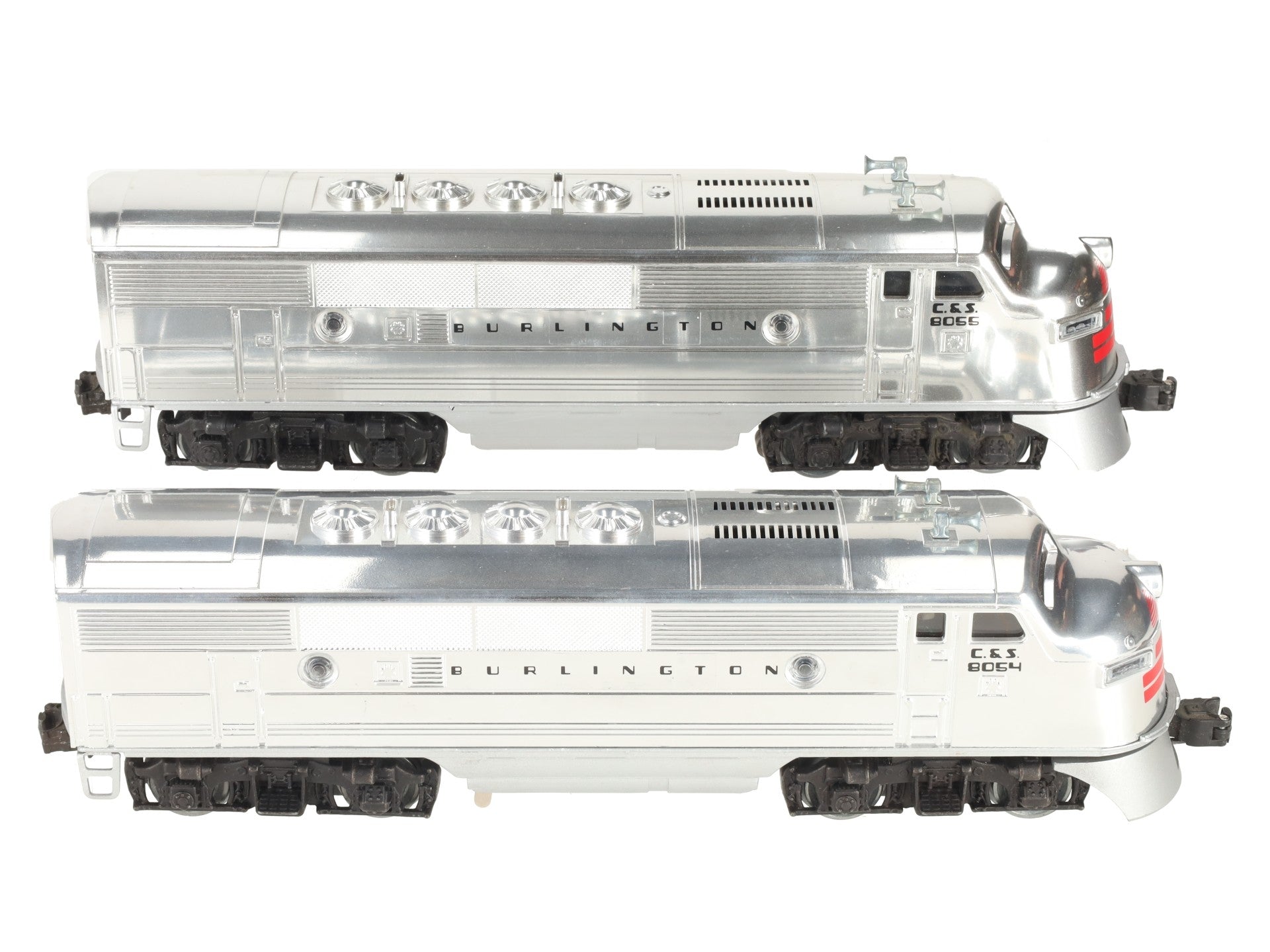 Lionel 6-8054 O Gauge Burlington F-3 AA Chrome Diesel Locomotives #8054/#8055 EX/Box