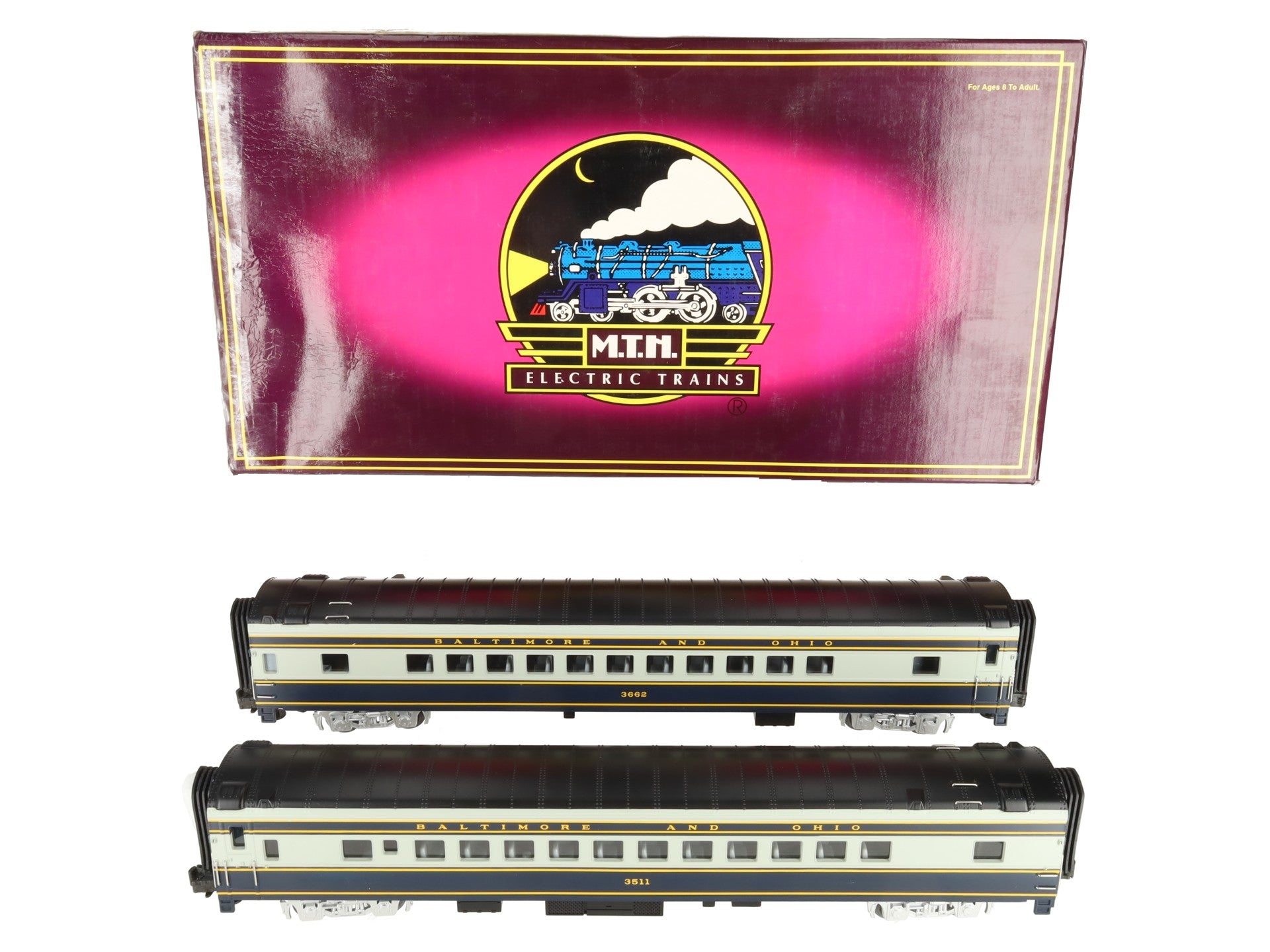 MTH 20-6665 O B&O 70' Streamlined Sleeper/Diner Passenger Car Set (Set of 2) EX/Box