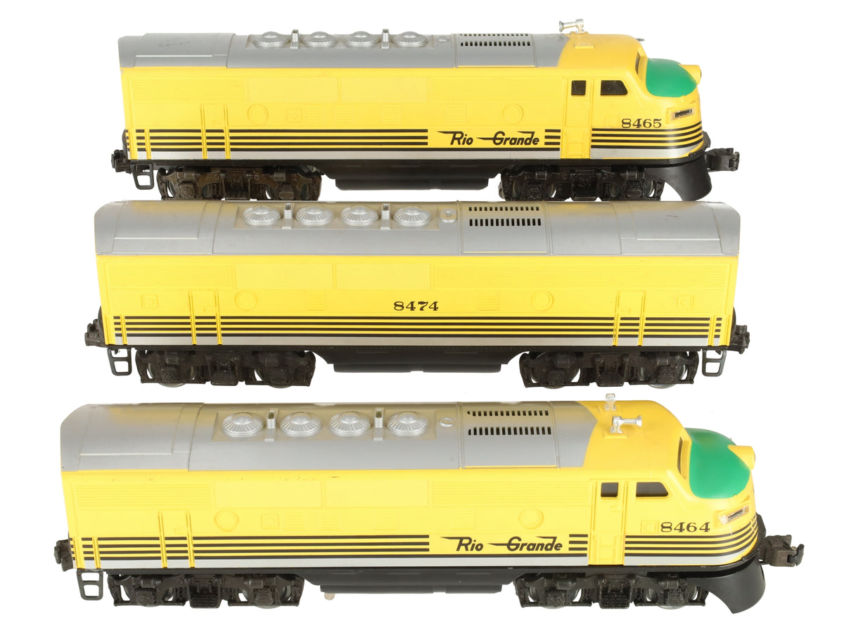 Lionel 6-8464/6-8465/6-8474 O Rio Grande F3 ABA Powered Diesel Locomotive Set VG