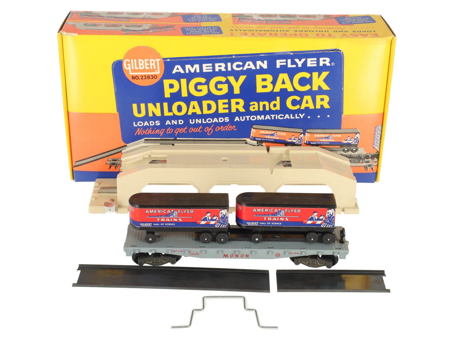 American Flyer 23830 Vintage S Piggyback Unloader with 24550 Flatcar EX/Box