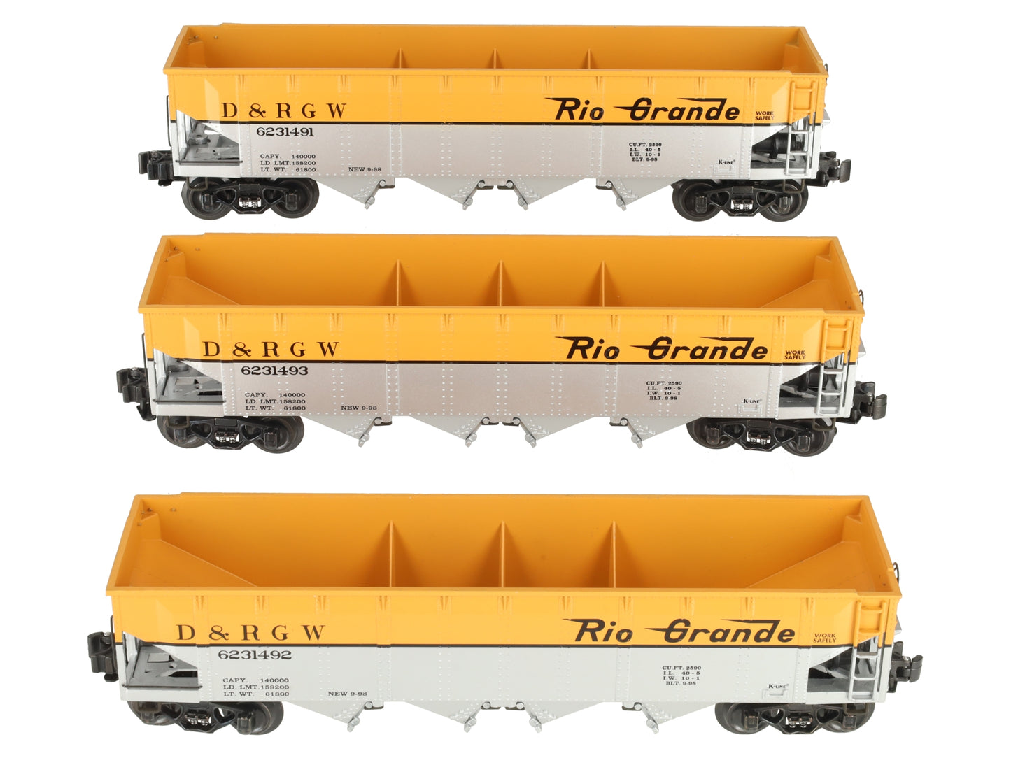 K-Line K623-1491A Rio Grande 4-Bay Diecast Hopper (Pack of 3) LN/Box