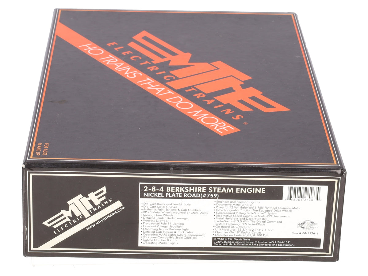 MTH 80-3176-1 HO Nickel Plate Road 2-8-4 Berkshire Loco w/ Tender(PS 3.0) #759 VG/Box