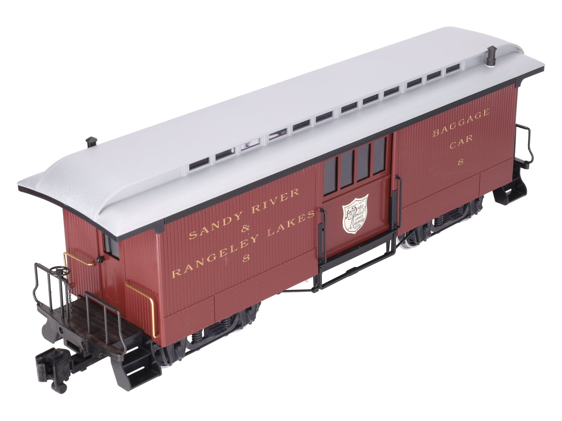 LGB 33840 G Sandy River & Rangeley Lakes Baggage Car #8 w/ Metal Wheels & Lights LN/Box