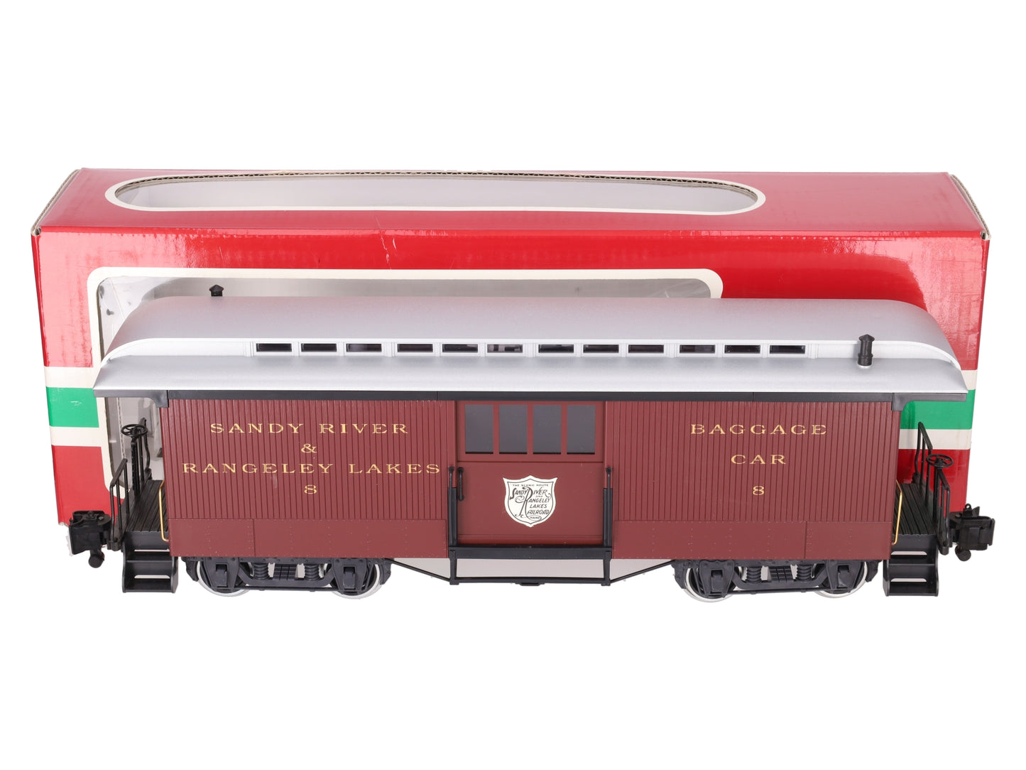 LGB 33840 G Sandy River & Rangeley Lakes Baggage Car #8 w/ Metal Wheels & Lights LN/Box