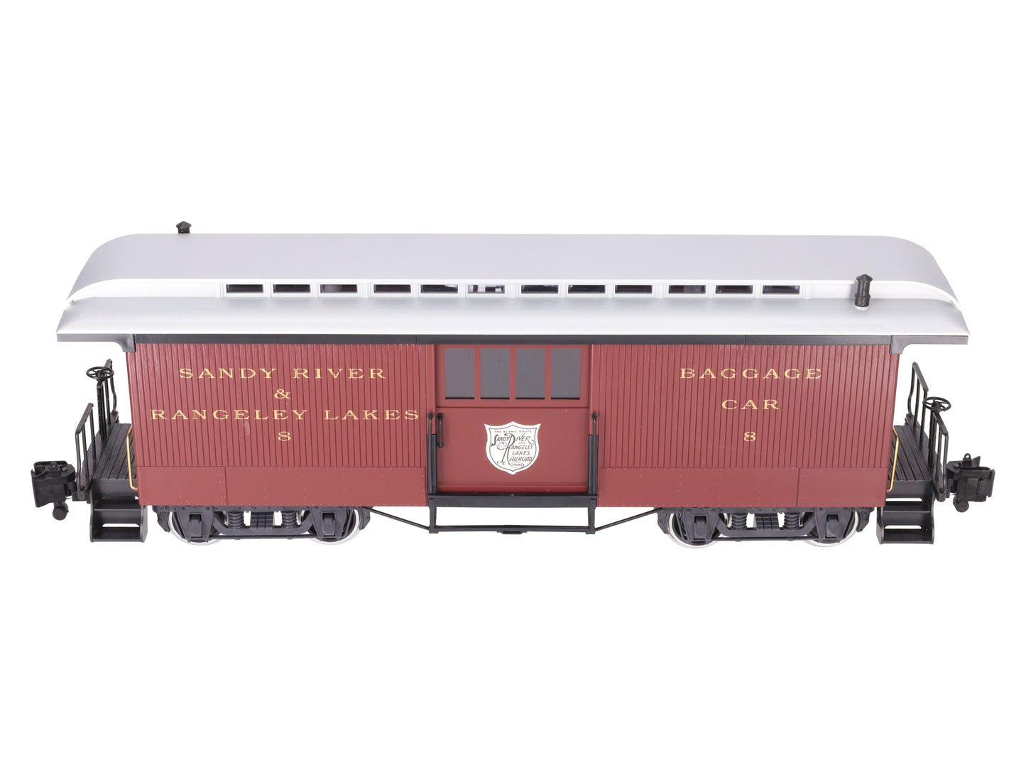 LGB 33840 G Sandy River & Rangeley Lakes Baggage Car #8 w/ Metal Wheels & Lights LN/Box