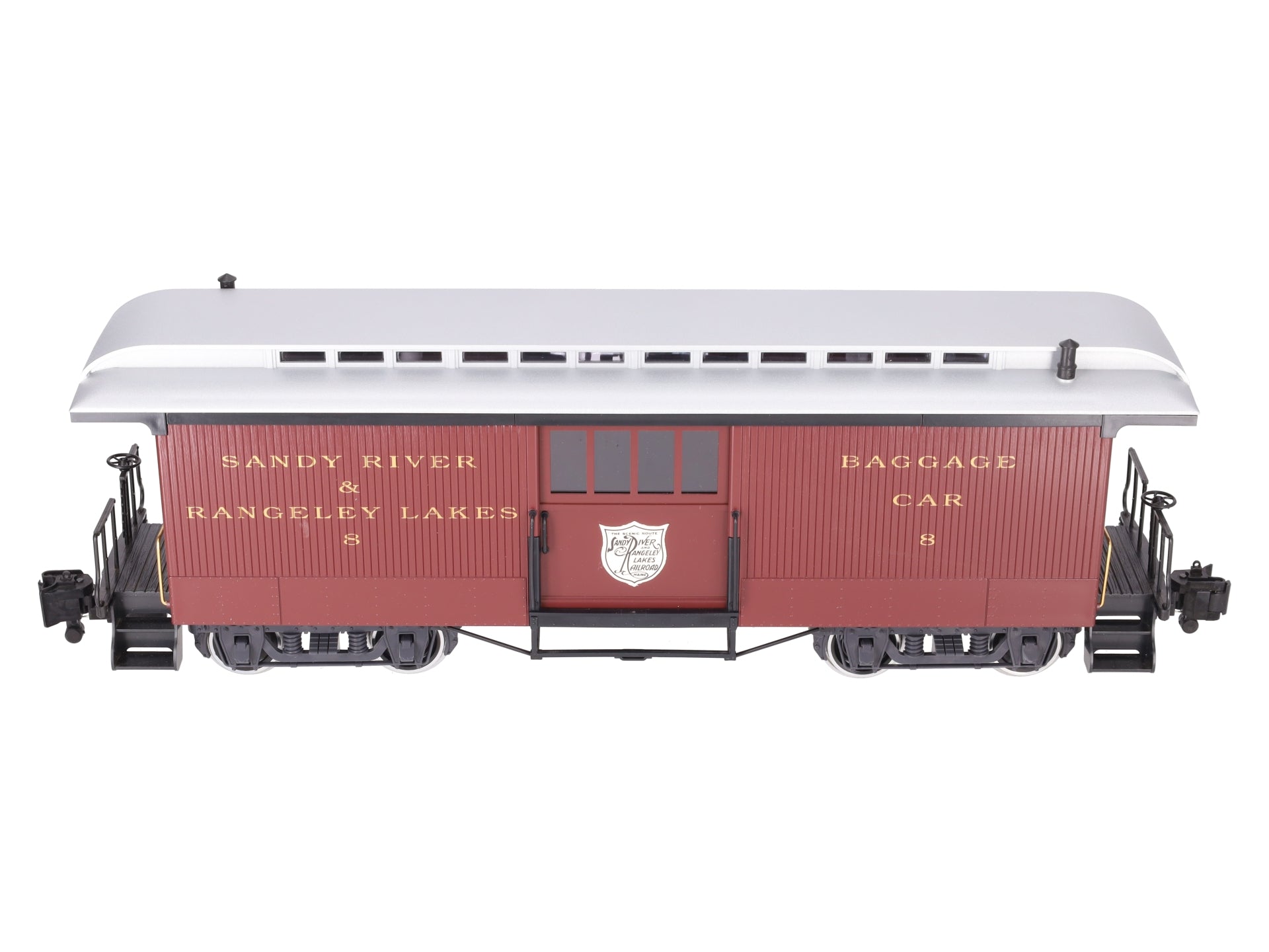 LGB 33840 G Sandy River & Rangeley Lakes Baggage Car #8 w/ Metal Wheels & Lights LN/Box