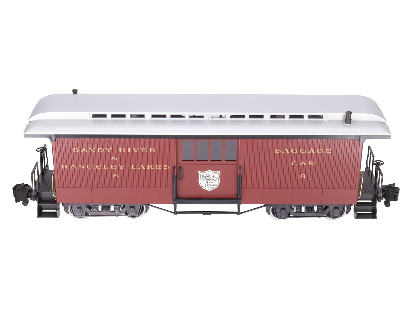 LGB 33840 G Sandy River & Rangeley Lakes Baggage Car #8 w/ Metal Wheels & Lights LN/Box