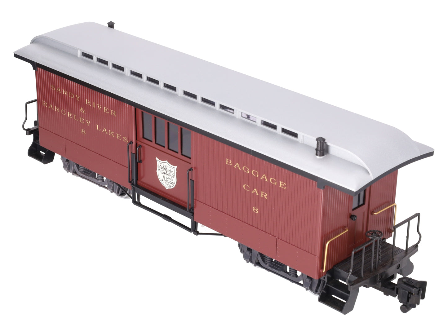 LGB 33840 G Sandy River & Rangeley Lakes Baggage Car #8 w/ Metal Wheels & Lights LN/Box