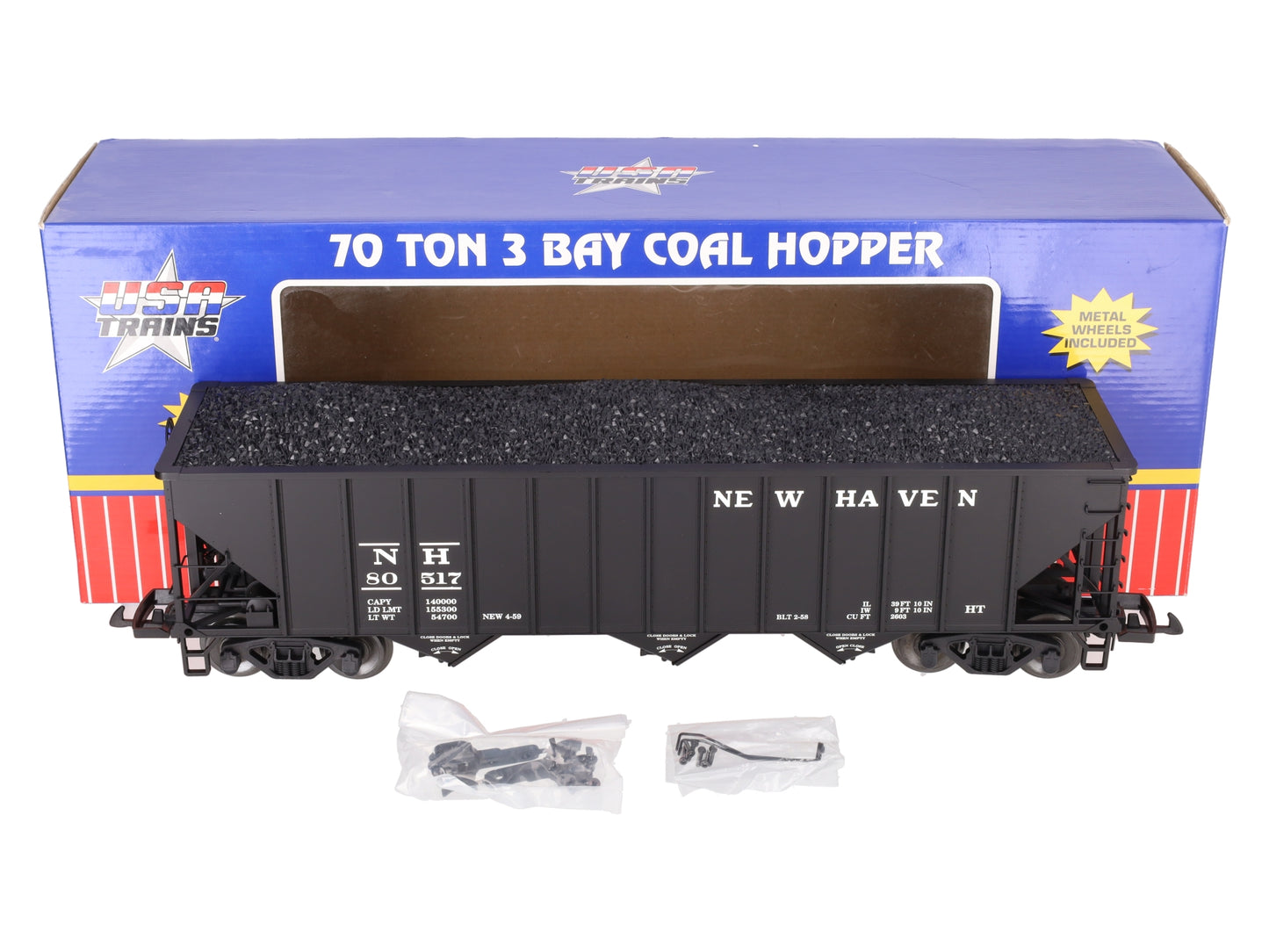 USA Trains 14010 G New Haven 70-Ton 3-Bay Coal Hopper with Coal Load LN/Box