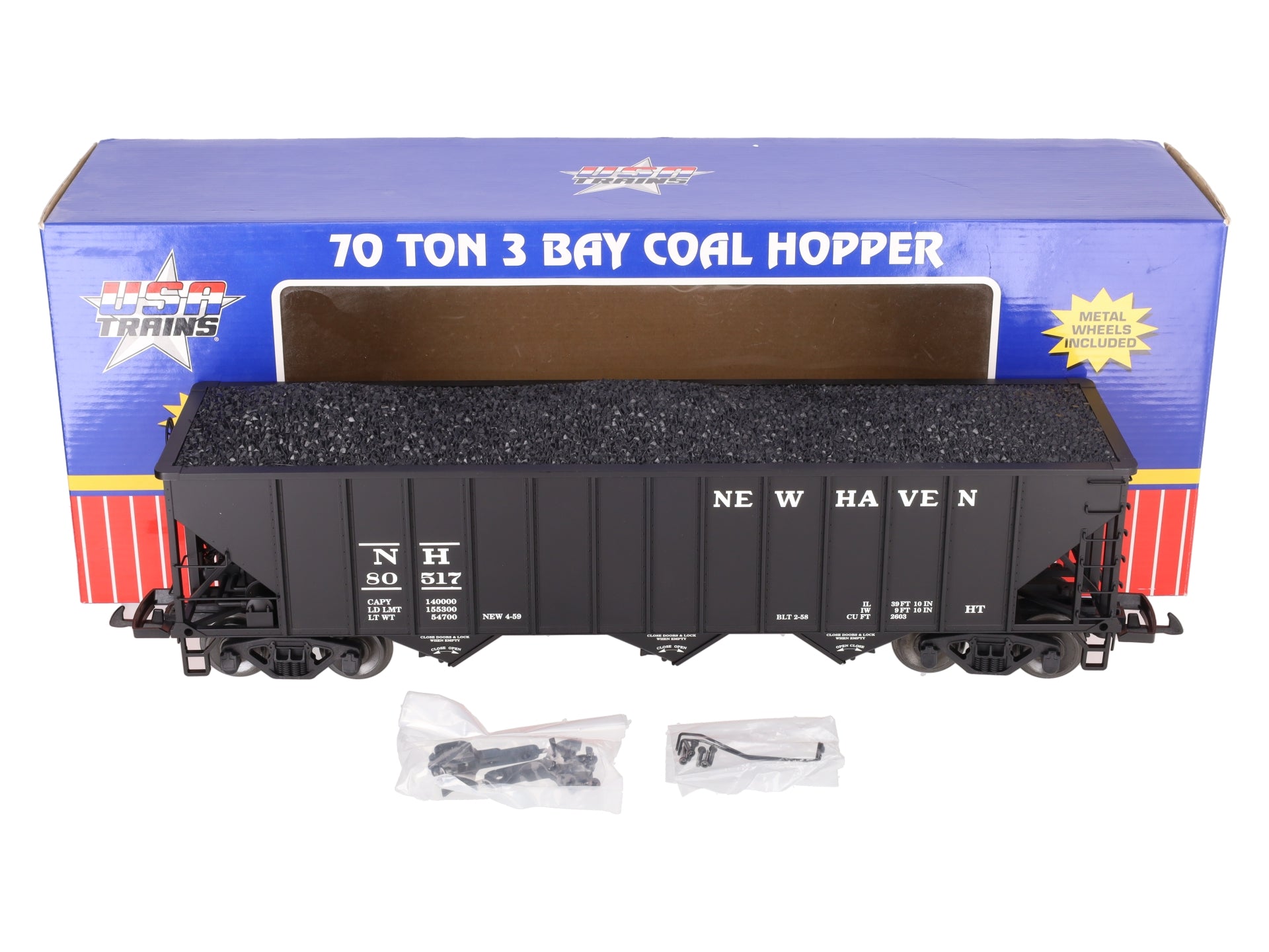 USA Trains 14010 G New Haven 70-Ton 3-Bay Coal Hopper with Coal Load LN/Box