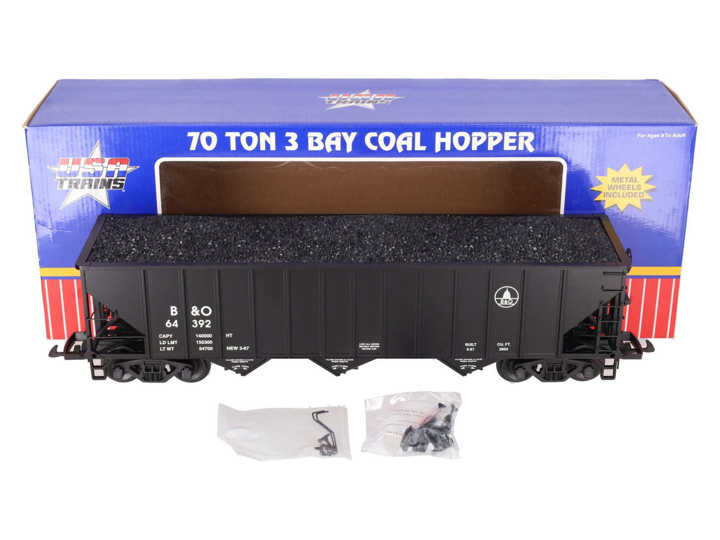 USA Trains R14023 G B&O 70-Ton 3-Bay Coal Hopper with Coal Load #64392 LN/Box