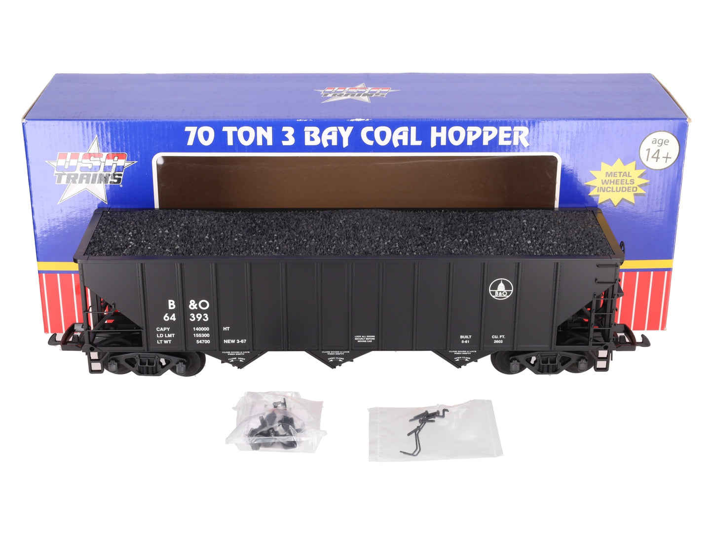 USA Trains R14023 G B&O 70-Ton 3-Bay Coal Hopper with Coal Load #64393 LN/Box