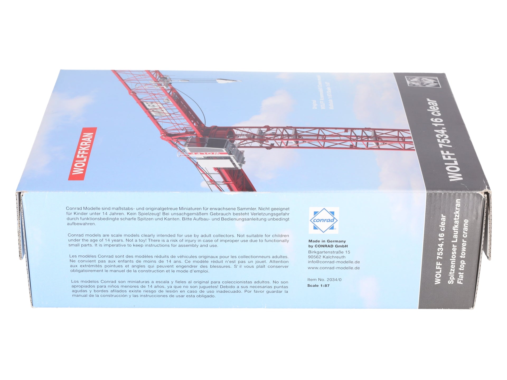 Conrad 2034 1:87 Scale Diecast Wolffkran 7534 Clear Trolley Tower Crane VG/Box