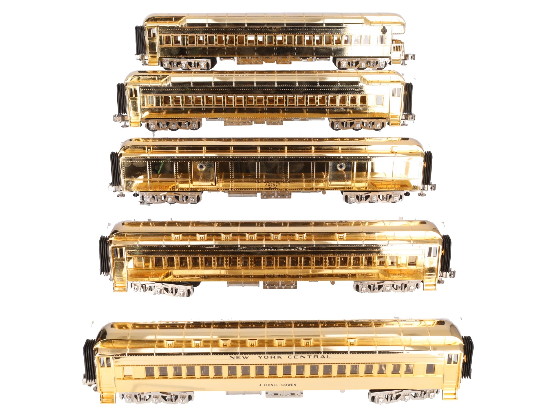 MTH 20-4029 O Gauge NYC Gold Plated 70' Madison Passenger Car Set EX