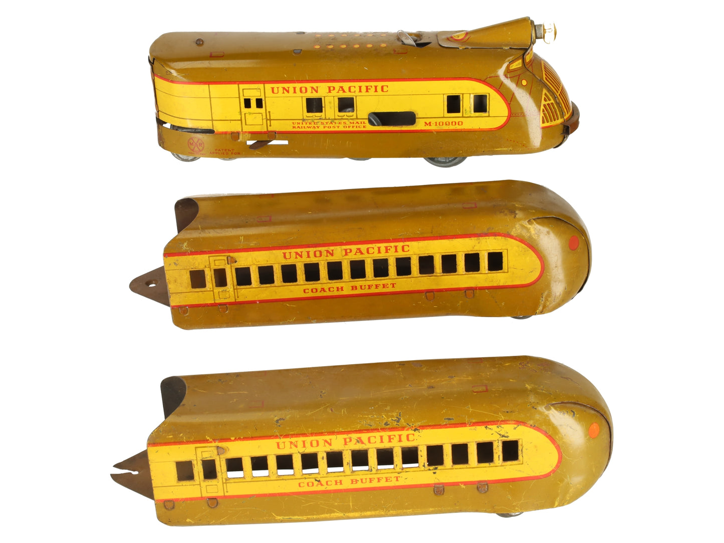 Marx M-10000 Vintage O UP Yellow/Brown Diesel Streamliner Set w/2 Passenger Cars VG