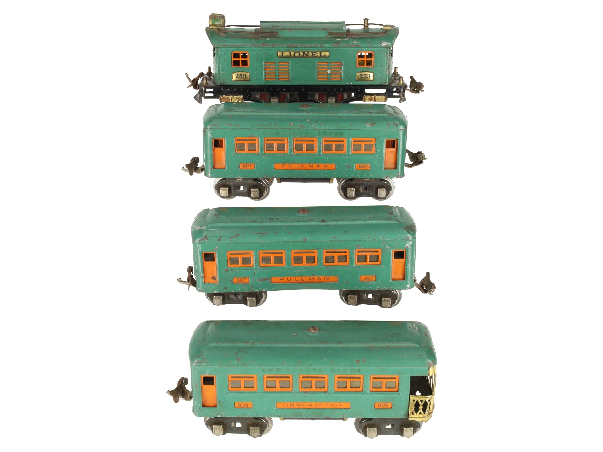 Lionel 253 Vintage O Prewar Electric Locomotive 4-Car Passenger Set #607/#608 VG