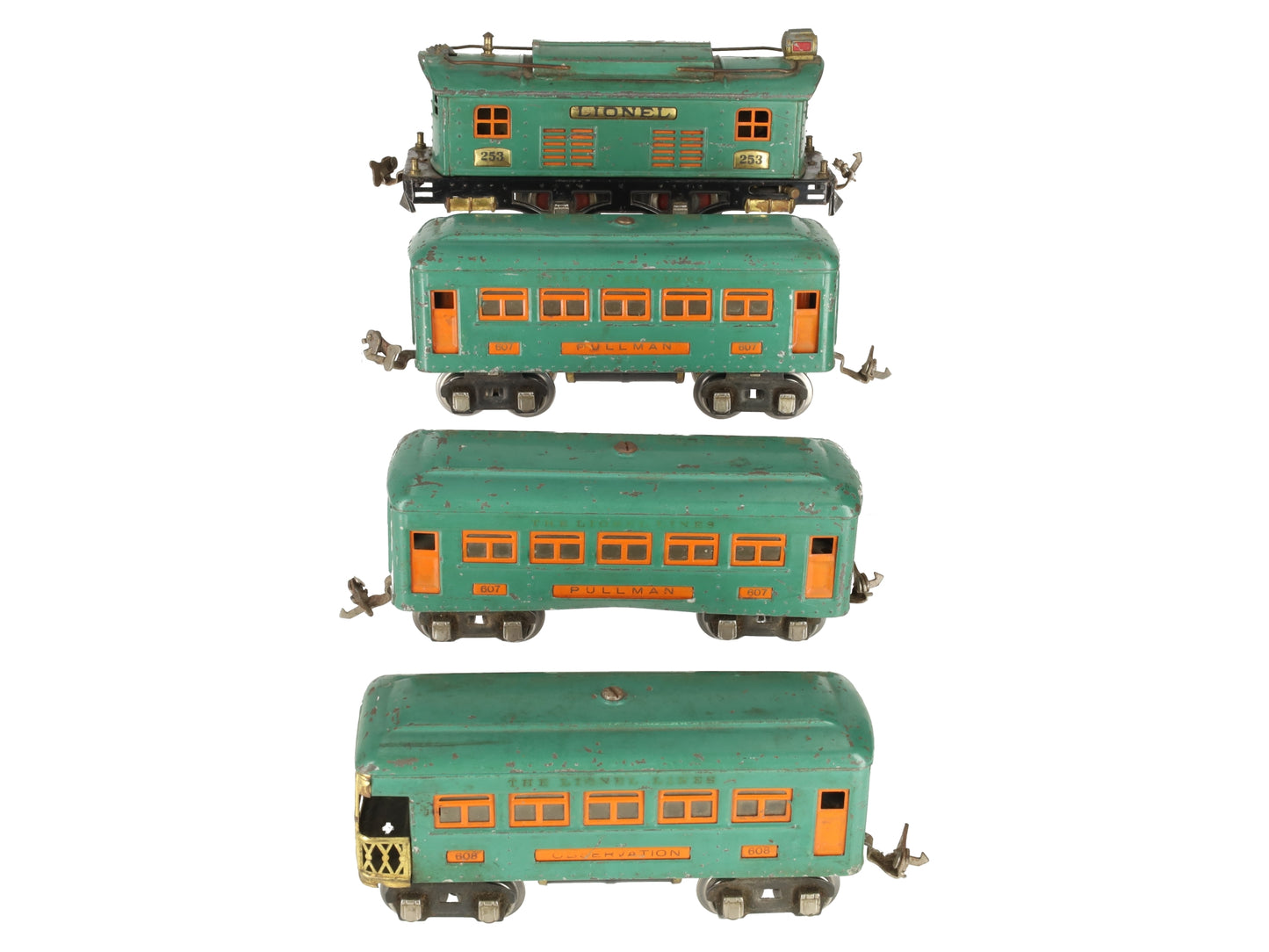 Lionel 253 Vintage O Prewar Electric Locomotive 4-Car Passenger Set #607/#608 VG