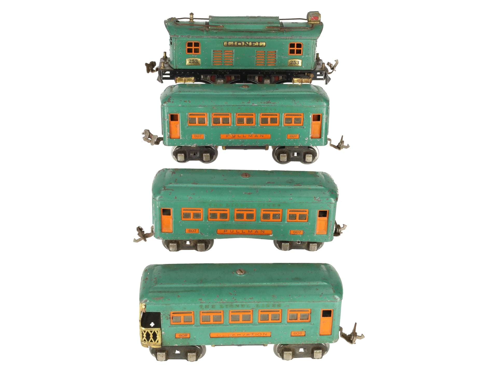 Lionel 253 Vintage O Prewar Electric Locomotive 4-Car Passenger Set #607/#608 VG