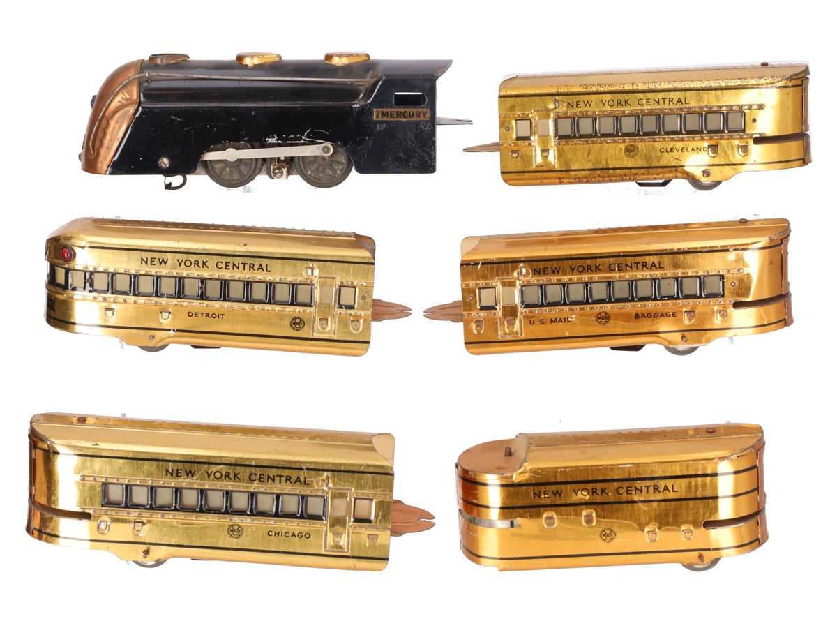 Marx O Vintage Mercury New York Central Tinplate Copper Passenger Train Set VG