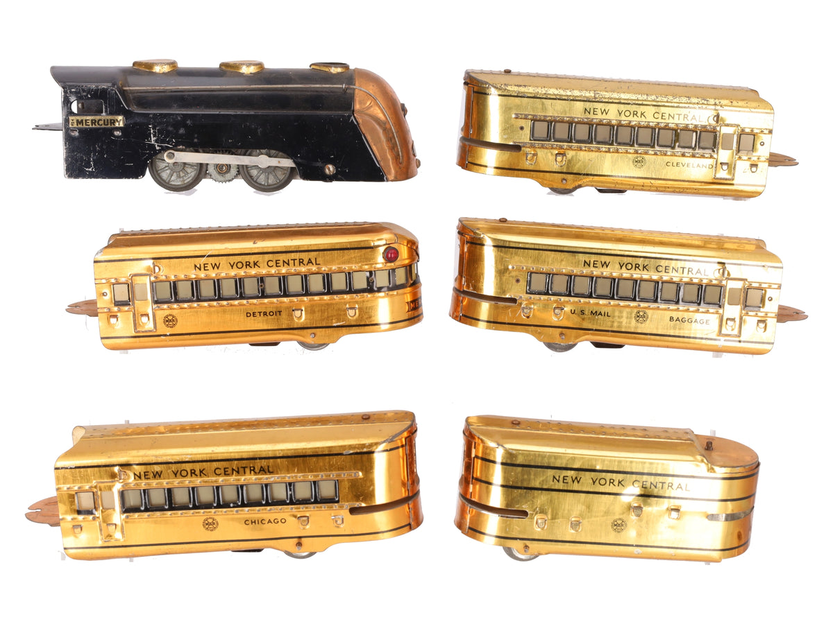 Marx O Vintage Mercury New York Central Tinplate Copper Passenger Train Set VG
