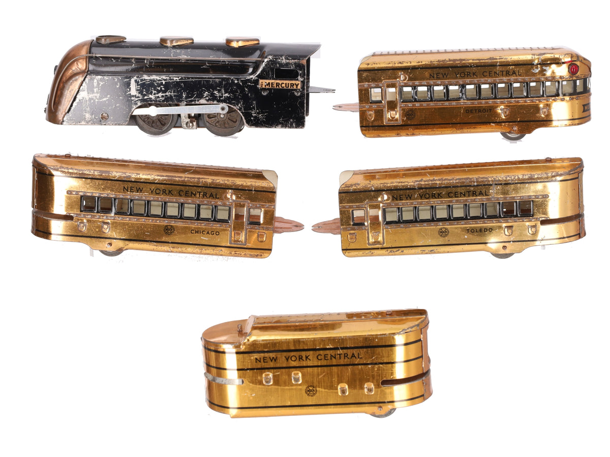 Marx O Vintage Mercury New York Central Tinplate Copper Passenger Train Set VG