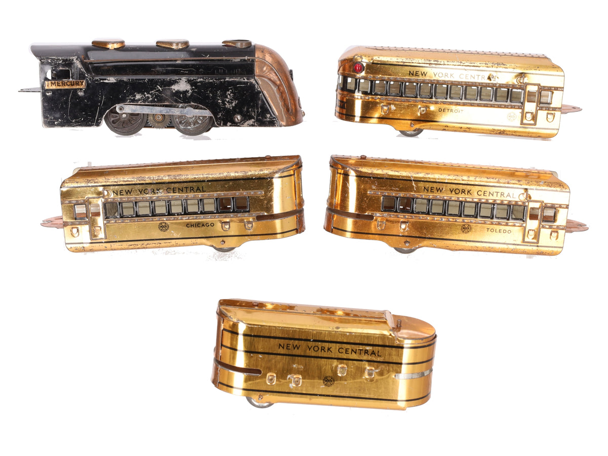 Marx O Vintage Mercury New York Central Tinplate Copper Passenger Train Set VG