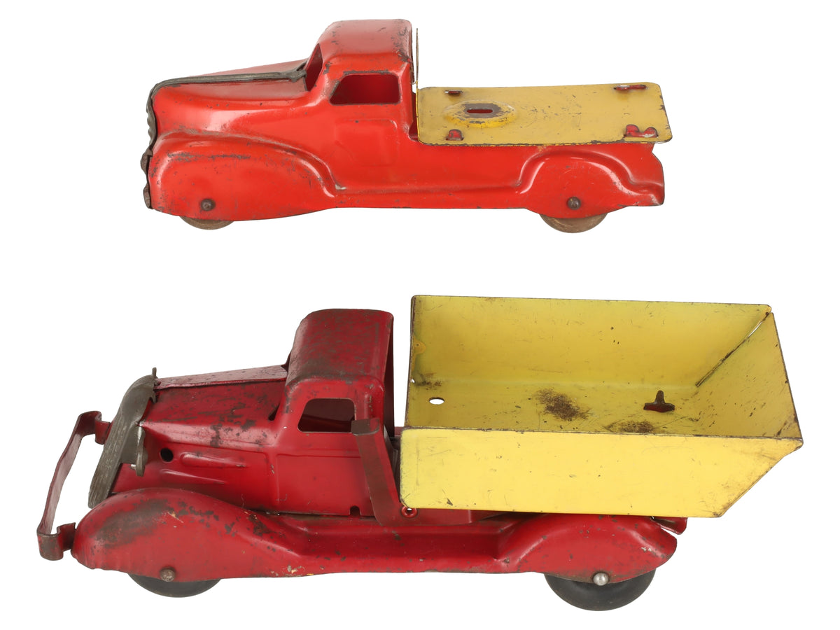 Marx Vintage Pressed Steel Red & Yellow Dump Truck & Flatbed Truck [2] VG