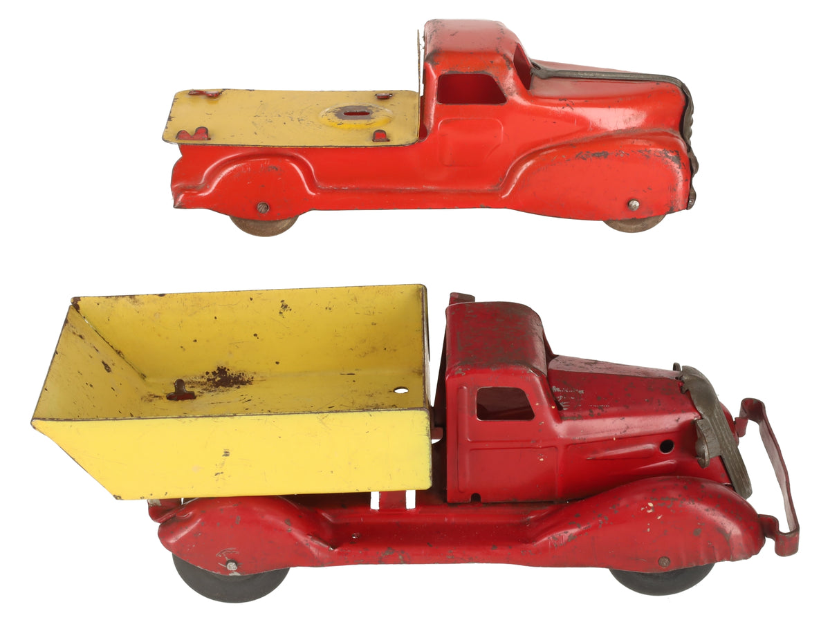 Marx Vintage Pressed Steel Red & Yellow Dump Truck & Flatbed Truck [2] VG