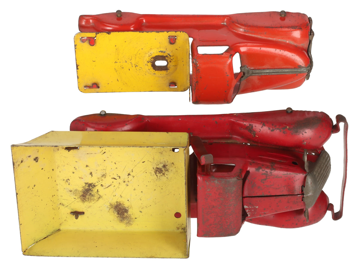 Marx Vintage Pressed Steel Red & Yellow Dump Truck & Flatbed Truck [2] VG