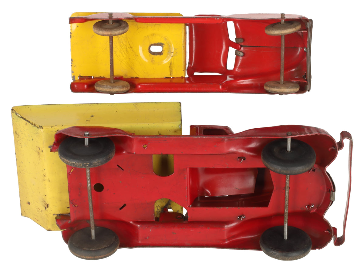 Marx Vintage Pressed Steel Red & Yellow Dump Truck & Flatbed Truck [2] VG