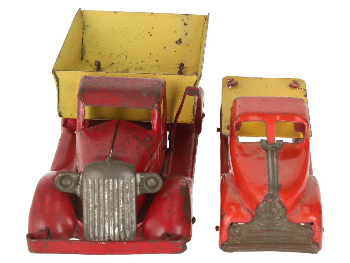 Marx Vintage Pressed Steel Red & Yellow Dump Truck & Flatbed Truck [2] VG