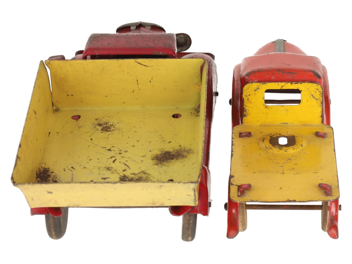 Marx Vintage Pressed Steel Red & Yellow Dump Truck & Flatbed Truck [2] VG