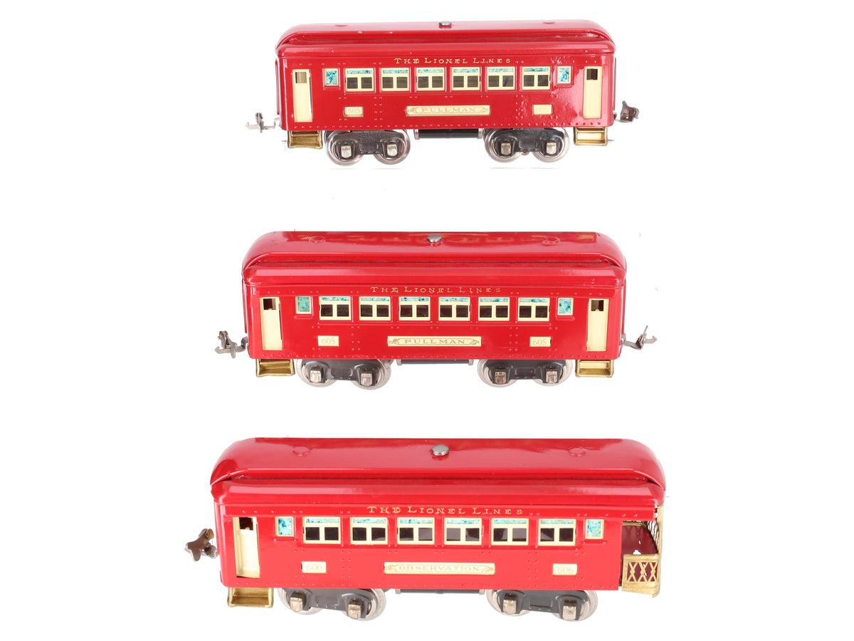 Lionel O Gauge Prewar Custom Tinplate Pullman Passenger Cars #605,605,606 [3]