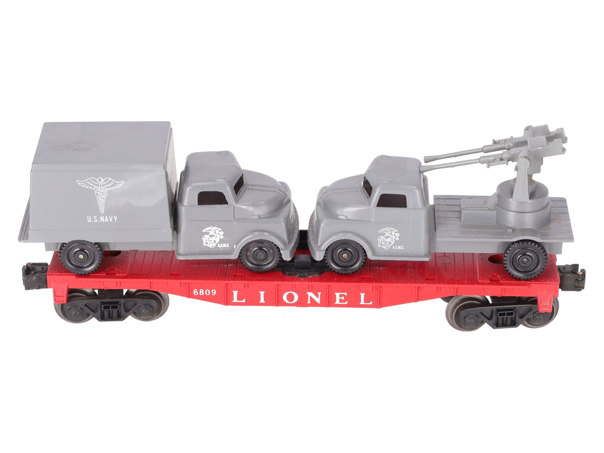 Lionel 6809 Vintage O Flatcar w/REPRO USMC AA Gun Truck & Medical Box Truck VG