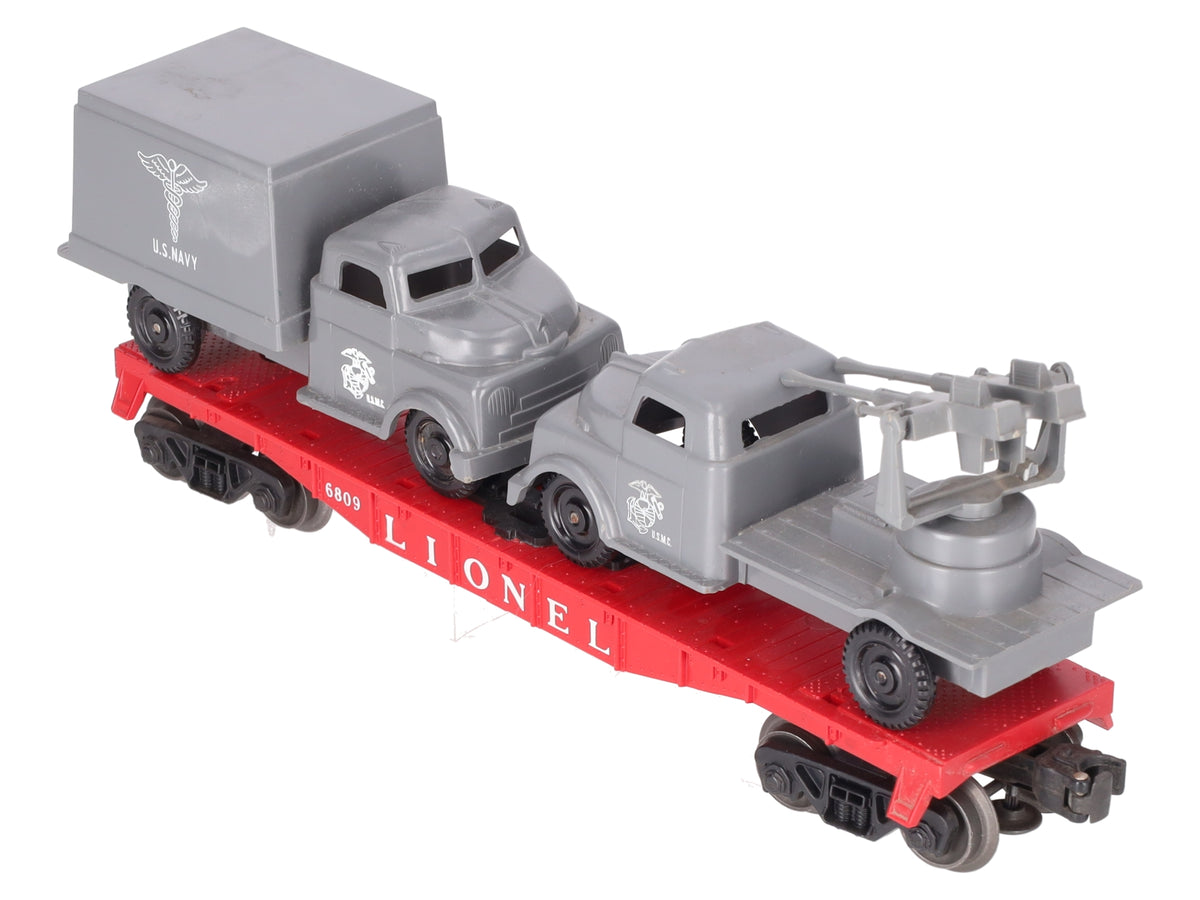 Lionel 6809 Vintage O Flatcar w/REPRO USMC AA Gun Truck & Medical Box Truck VG
