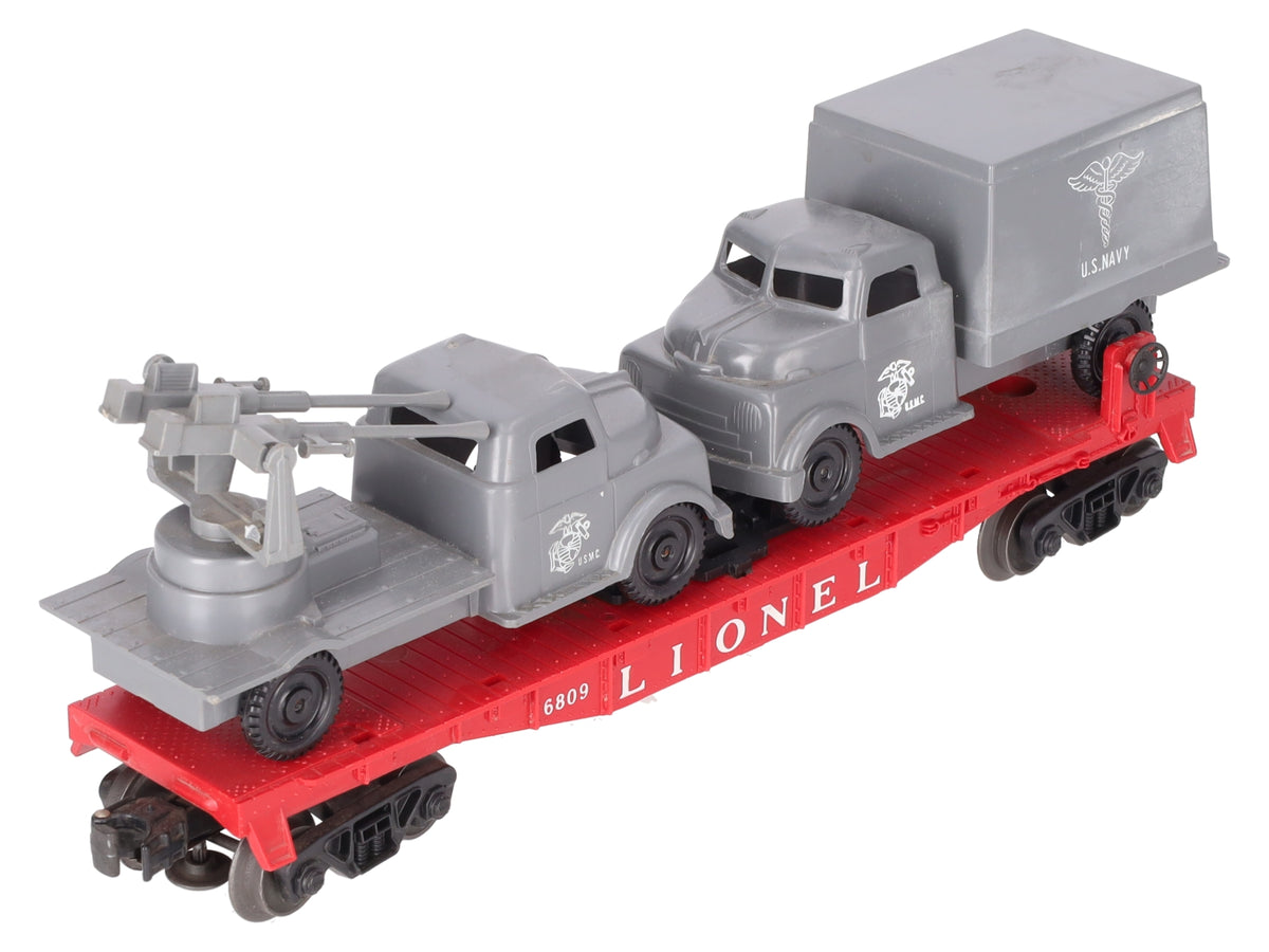 Lionel 6809 Vintage O Flatcar w/REPRO USMC AA Gun Truck & Medical Box Truck VG